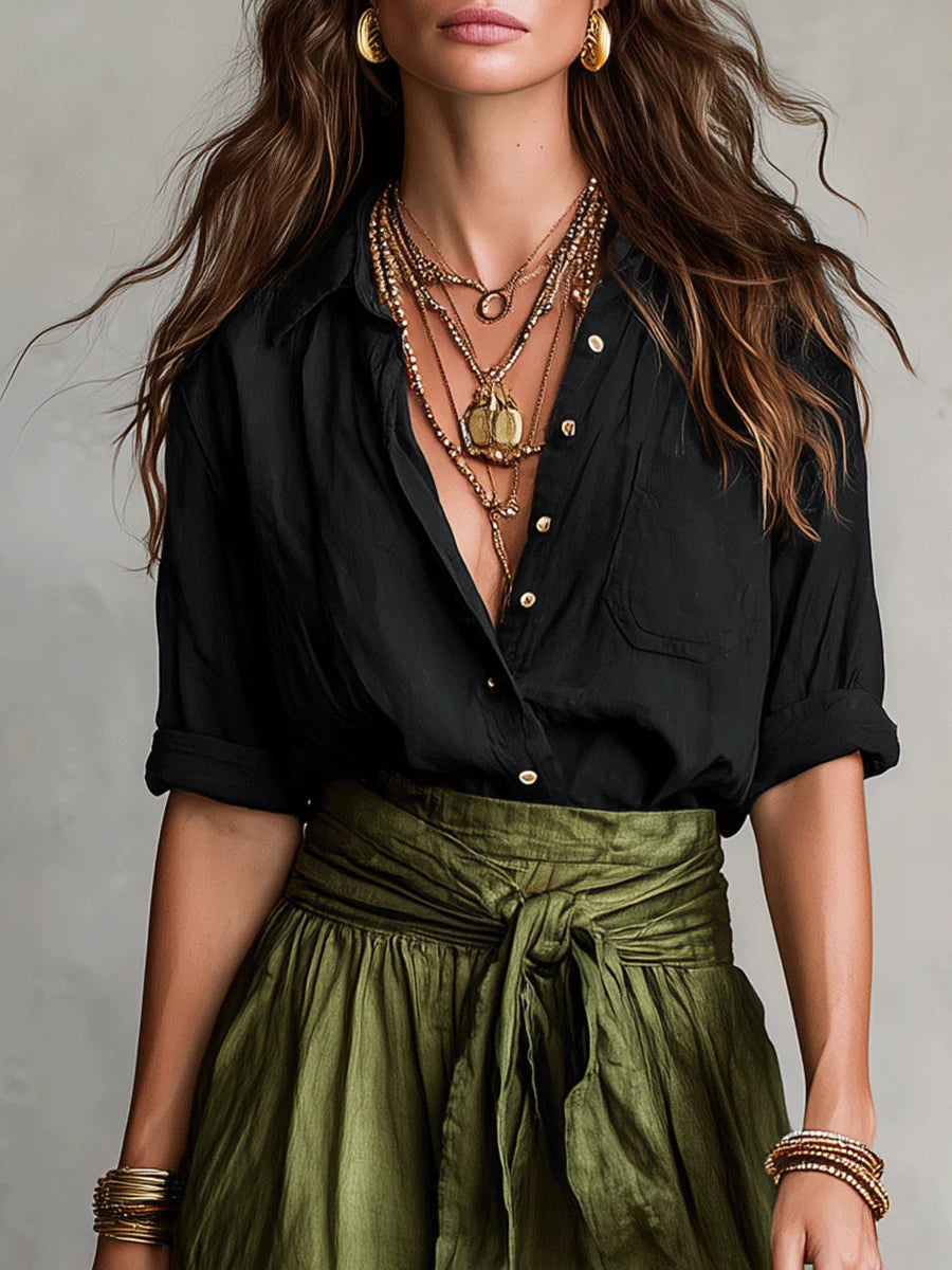 Vera - Conjunto de dos piezas: camiseta negra y falda verde oliva