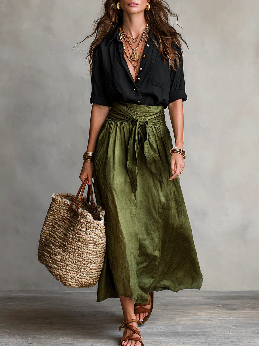 Vera - Conjunto de dos piezas: camiseta negra y falda verde oliva