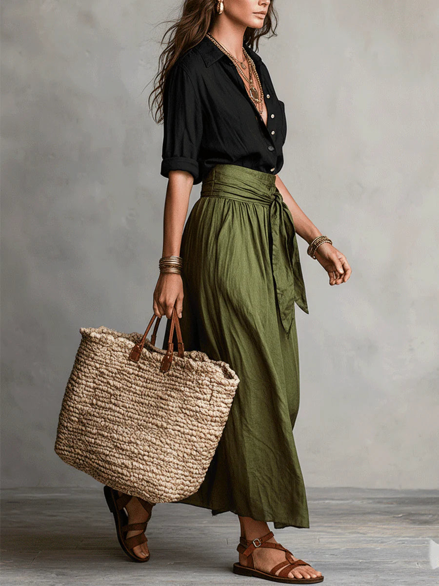 Vera - Conjunto de dos piezas: camiseta negra y falda verde oliva